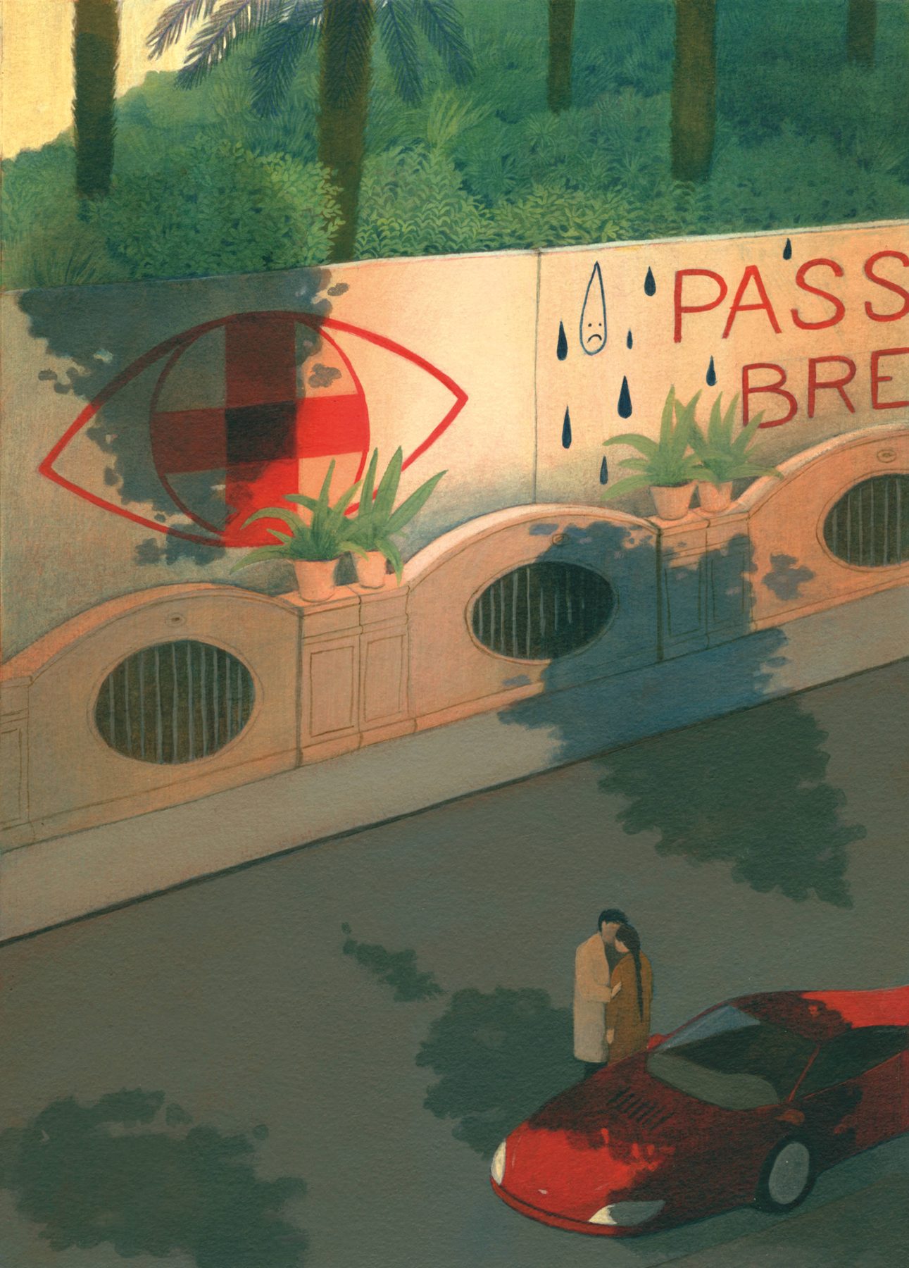 Illustrazione ad acrilico per Trentasette centigradi: Nico e Doris abbracciati su una strada di campagna
