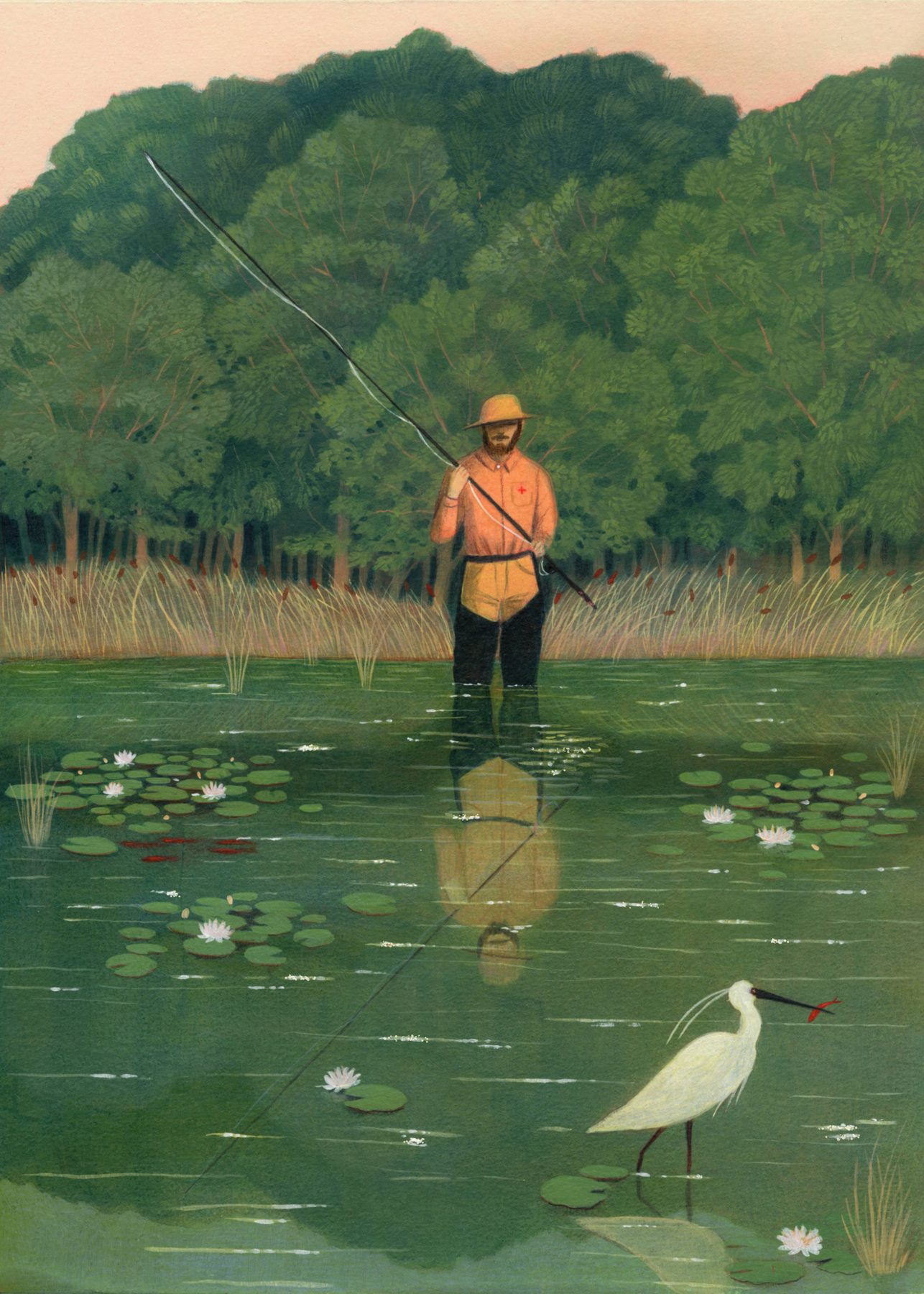 Illustrazione ad acrilico per Trentasette centigradi: pescatore nello stagno con airone