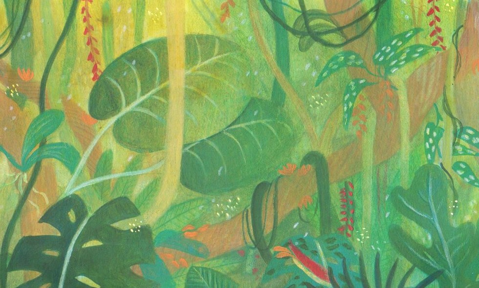 Illustrazione per l'antologia scolastica Vivavoce. Illustrazione per brano tratto da Il libro della giungla: Mowgli accucciato di fronte alla pantera nera Bagheera immersi nella giungla